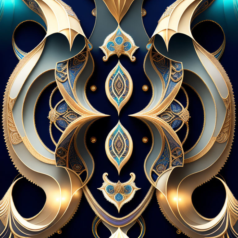 Symmetrical gold and blue fractal mandala design on dark background