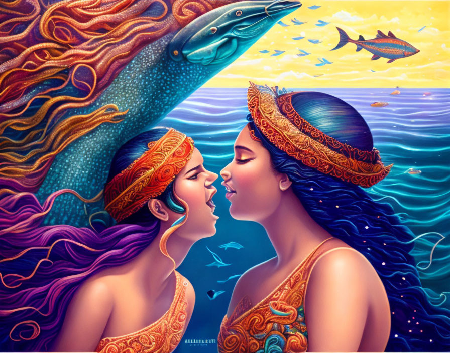 Two women merge with vibrant underwater scene and marine life.