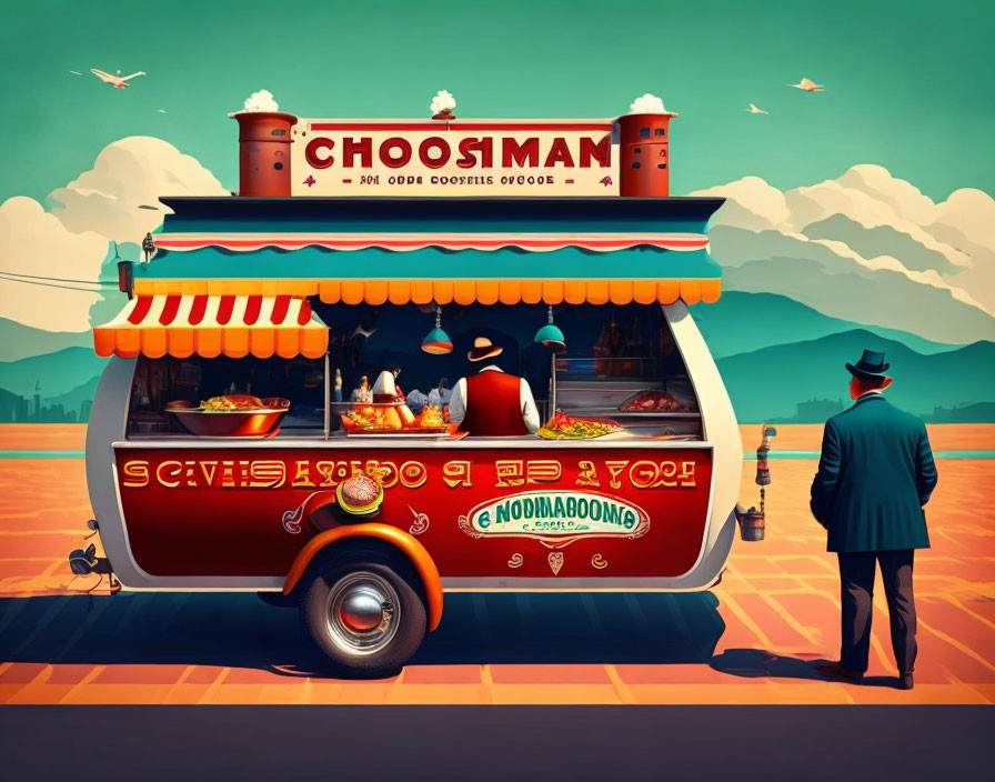 Colorful Penguin Serving Food at Whimsical Food Truck with Man in Suit in Vibrant Landscape