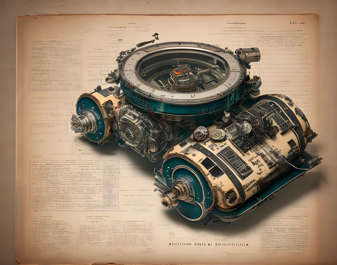 Detailed Vintage Mechanical Device Illustration with Gears and Textual Annotations