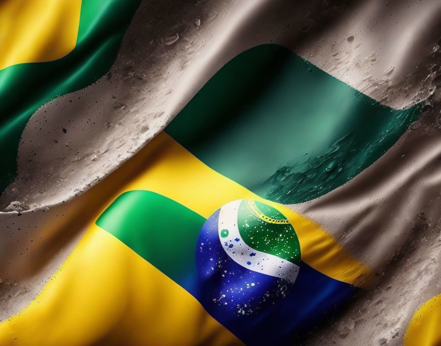 Close-up of Brazilian flag with dynamic lighting and water droplets