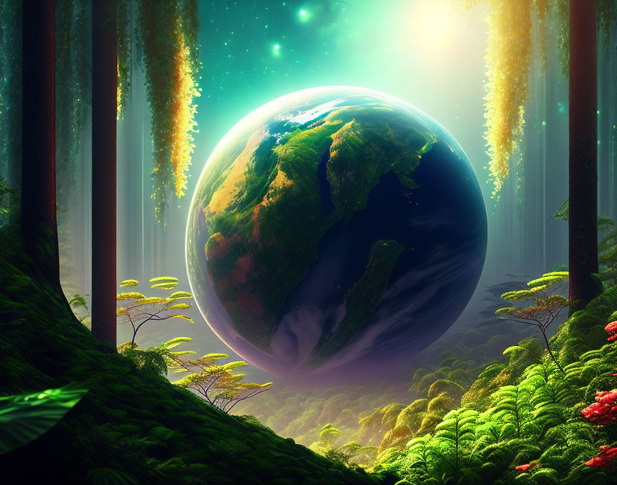 Enchanted forest with oversized glowing Earth among lush greenery