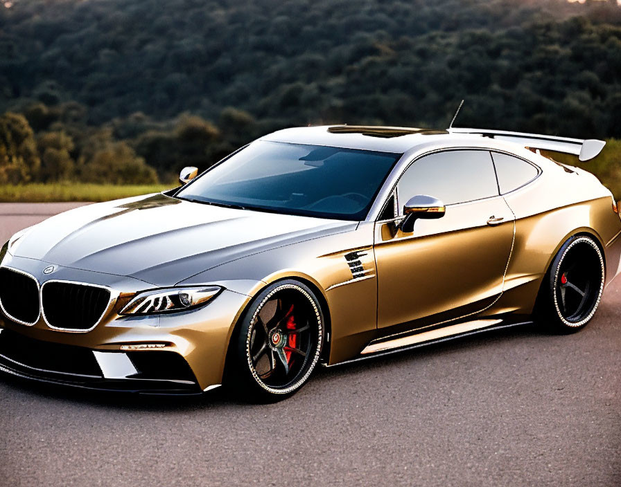 Luxurious Gold and Black Sports Car with Custom Rims on Road at Dusk