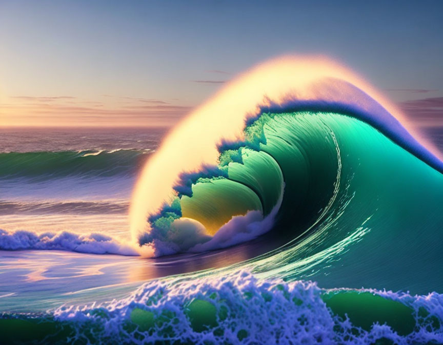 Colorful Ocean Wave at Sunset: Blue and Green hues