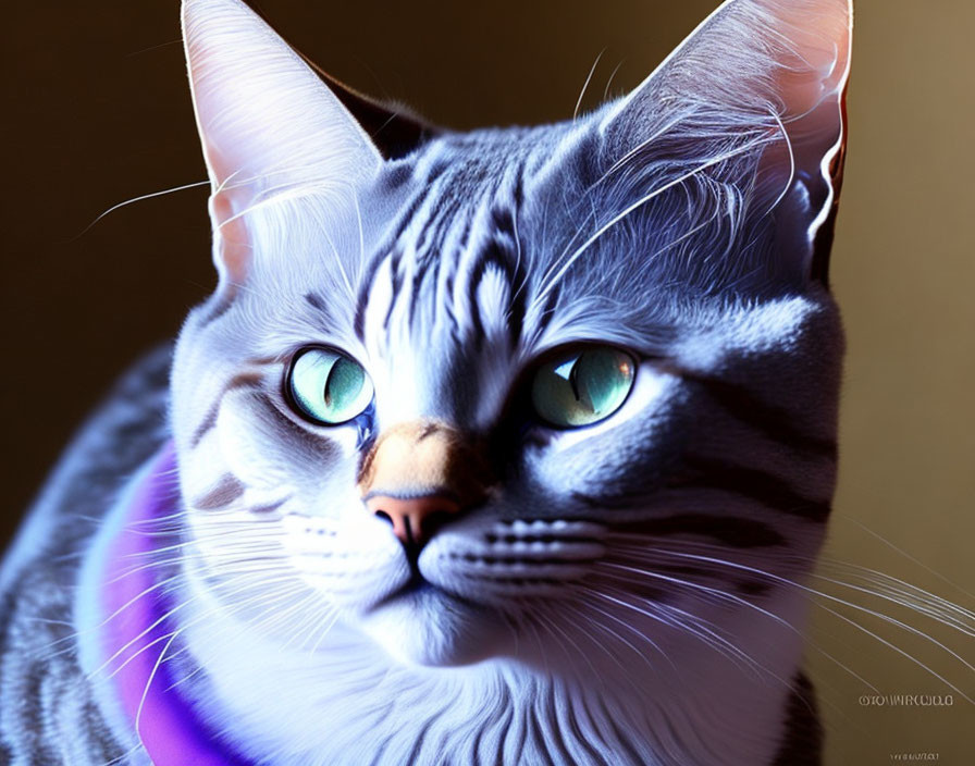 Turquoise-Eyed Cat with Striped Fur and Purple Collar Illustration