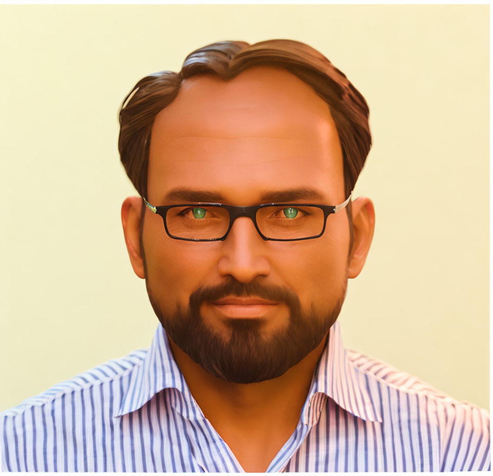 Man with Brown Hair, Beard, Glasses, Blue Striped Shirt on Yellow Background