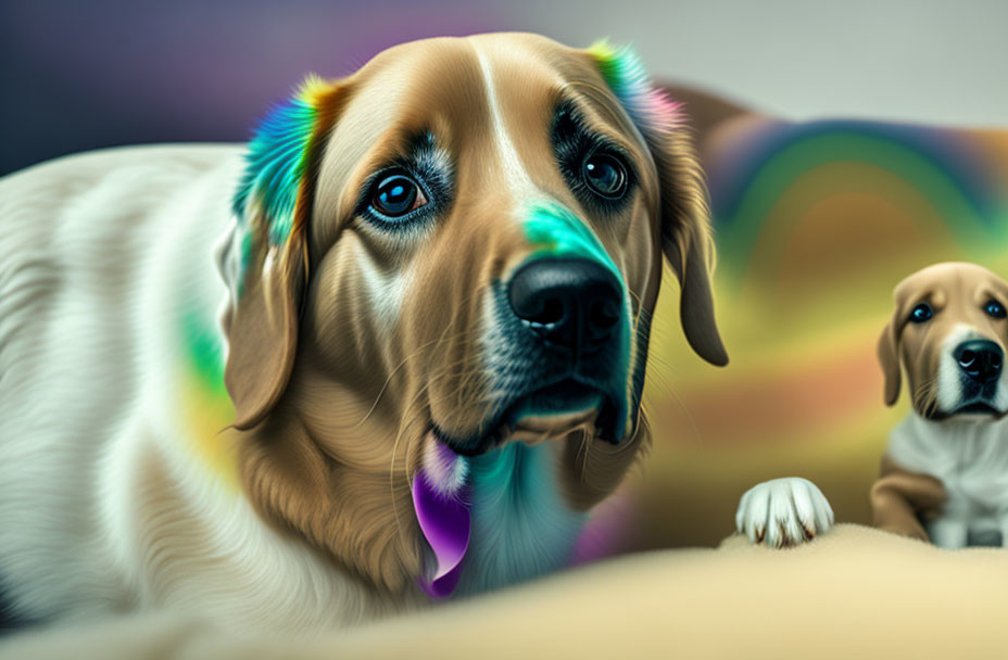 Colorful Highlighted Dog with Contemplative Expression Next to Smaller Dog