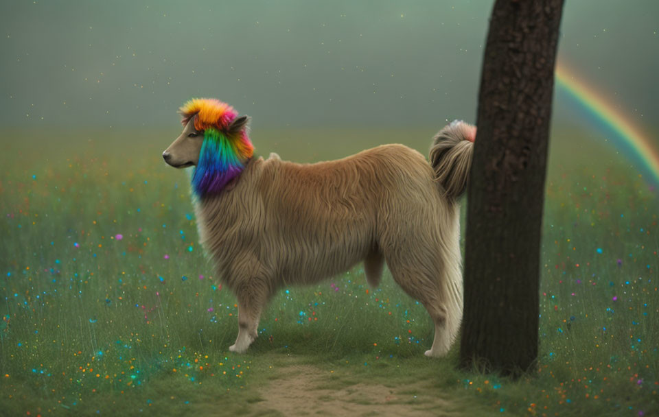 Rainbow-Colored Dog in Field with Rainbow Background