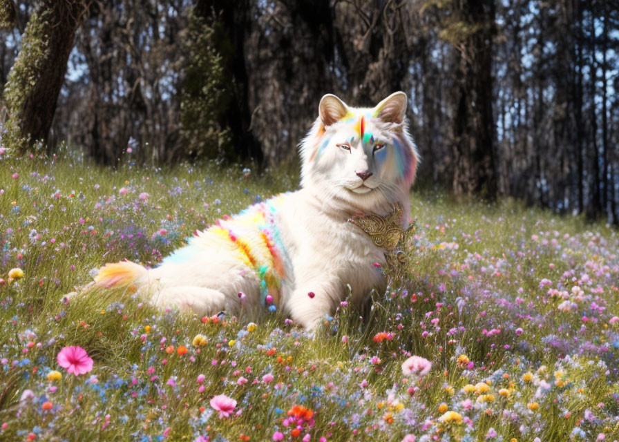 Colorful mythical cat-like creature with unicorn horn in vibrant meadow.