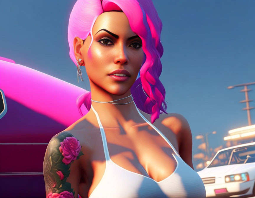 3D-rendered image of woman with pink hair and tattoos in white top with pink car and sunset