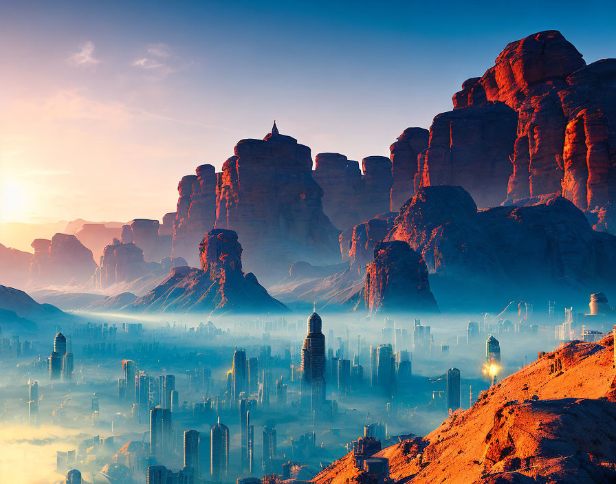 Surreal cityscape with ancient monuments and futuristic buildings at sunrise