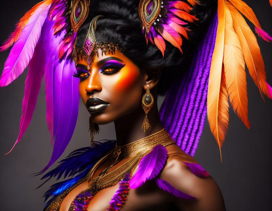 Colorful Feather Headpiece and Golden Jewelry on Woman against Grey Background