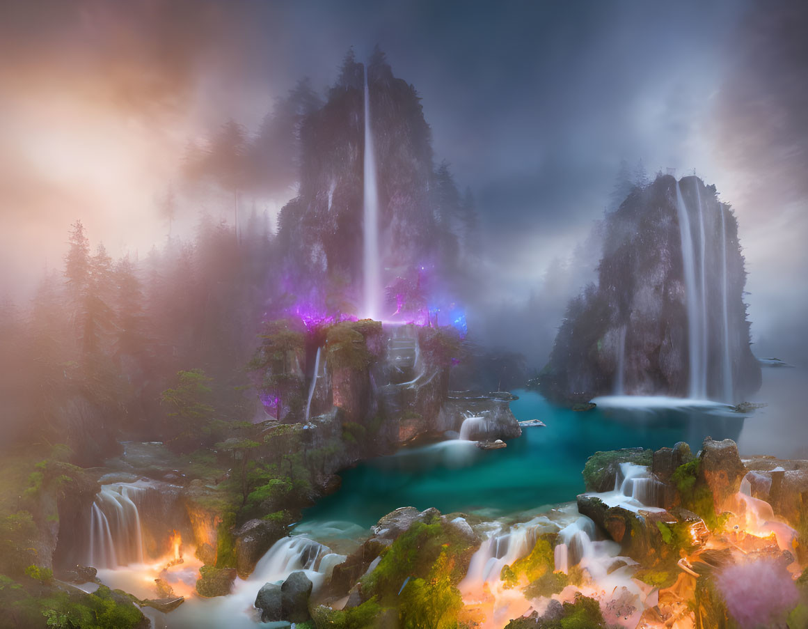 Mystical landscape: illuminated waterfalls, misty cliffs, ethereal lighting in serene forest