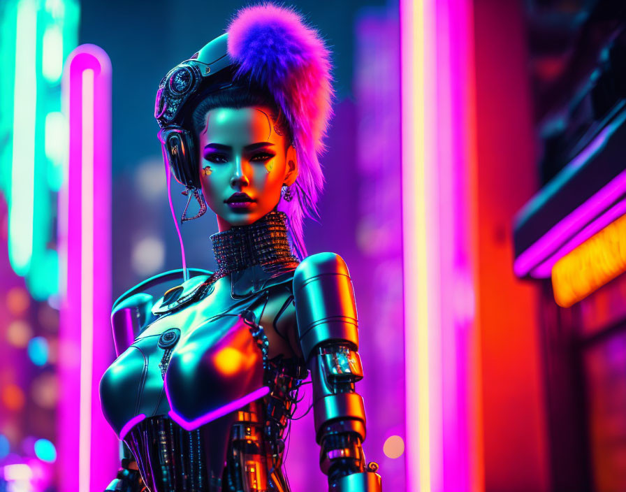 Futuristic female robot with mohawk in neon-lit urban scene