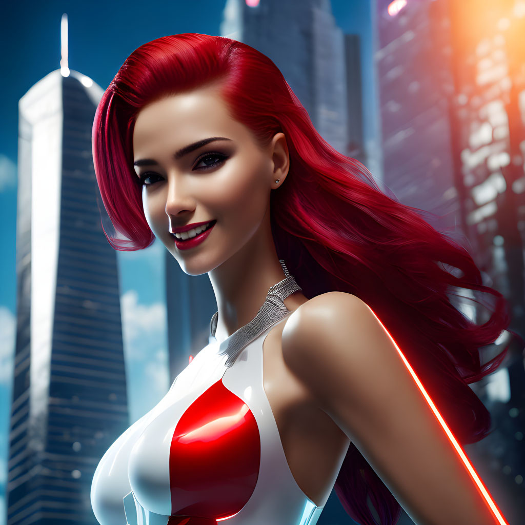 Red-haired woman in futuristic outfit smiling against cityscape.