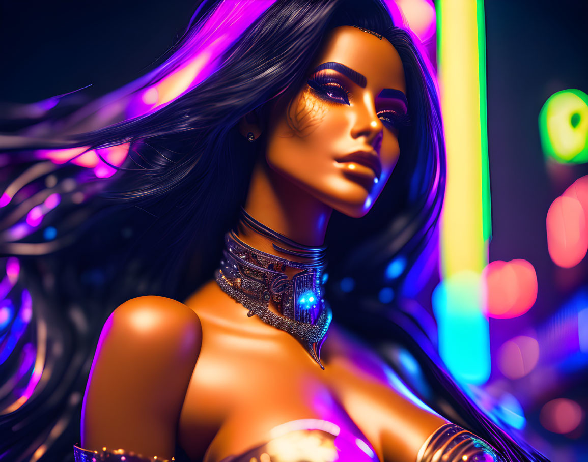 Female cyborg close-up with glowing neon lights and futuristic jewelry