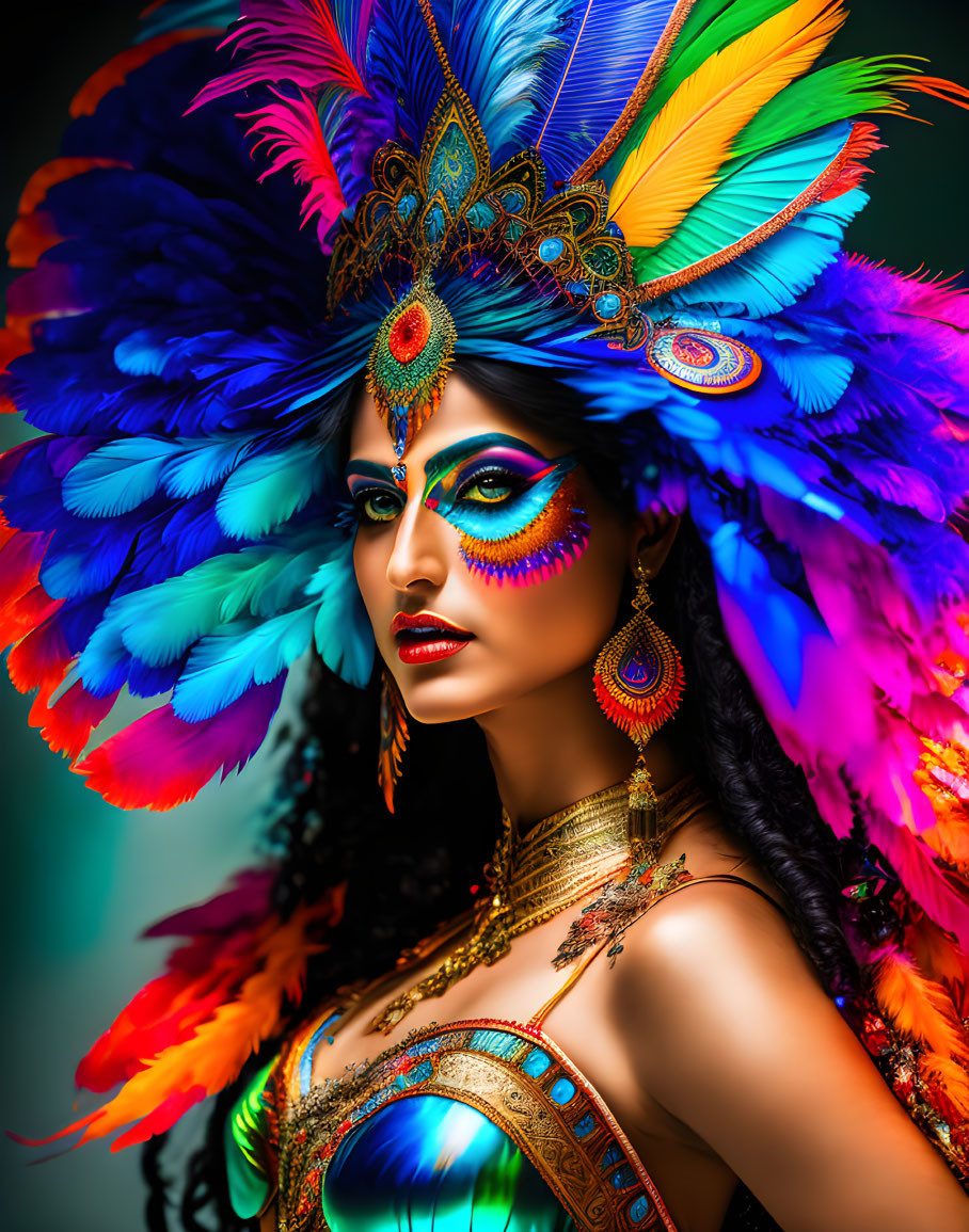 Intense gaze of person with dramatic makeup and vibrant headdress