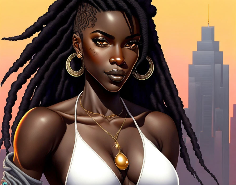 Digital illustration: Woman with dark skin, dreadlocks, and gold jewelry in cityscape setting