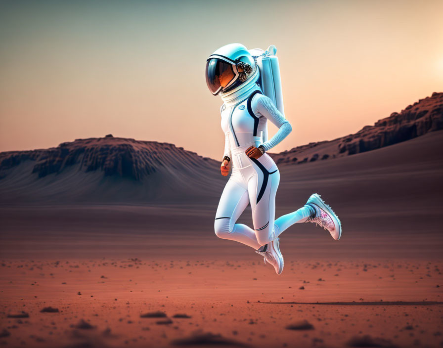 Futuristic astronaut in white and blue suit running in alien desert landscape