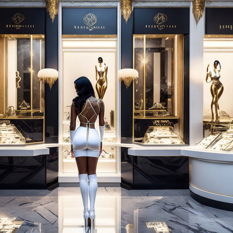 Woman in white dress browsing jewelry in elegant store with display cases