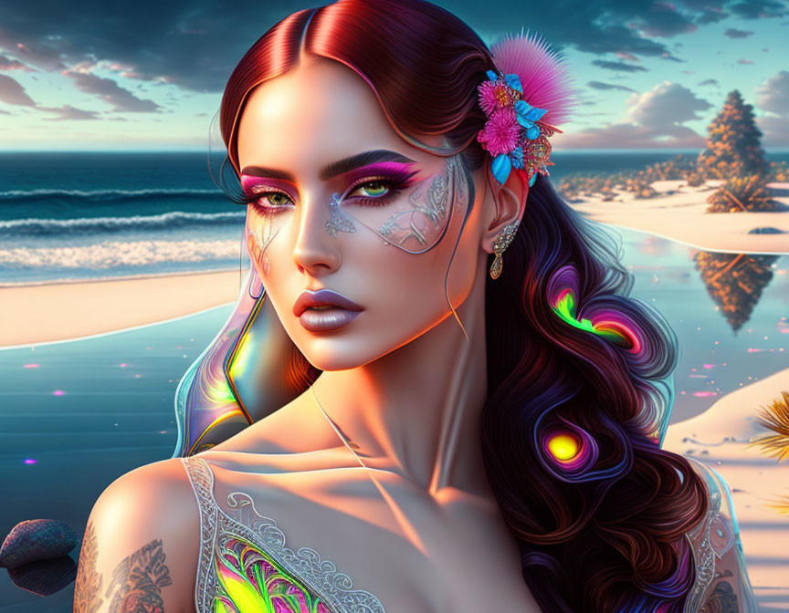 Vibrant makeup and hair on a woman at sunset beach.