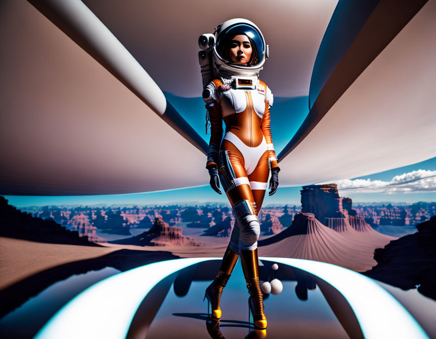 Female astronaut in futuristic suit on alien desert with rings and rock formations