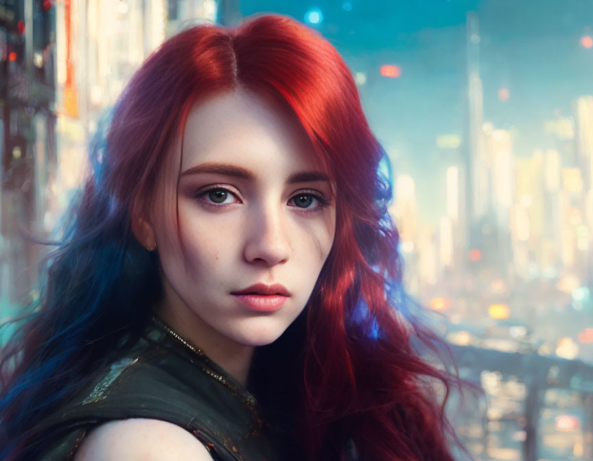 Red-haired woman with captivating eyes in front of neon-lit cityscape