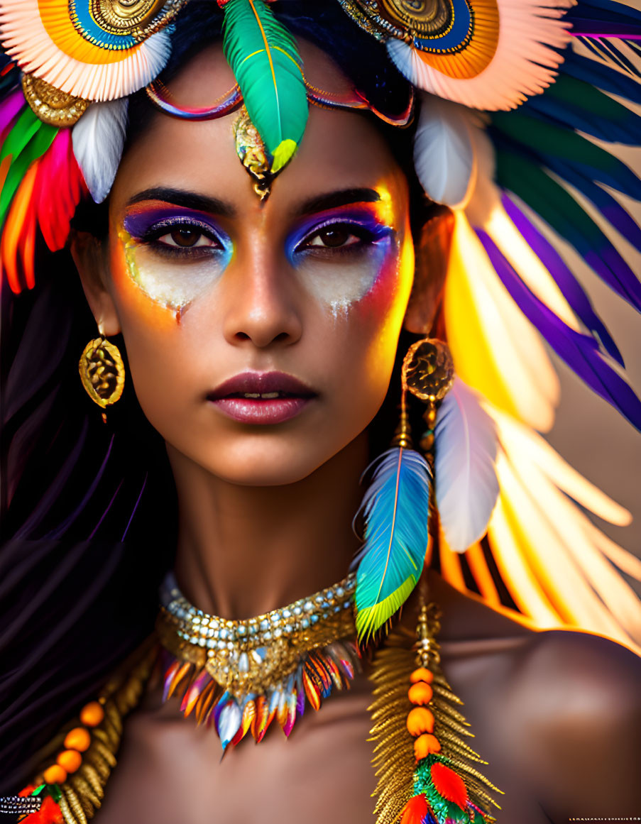 Colorful feather headdress and vibrant makeup portrait.