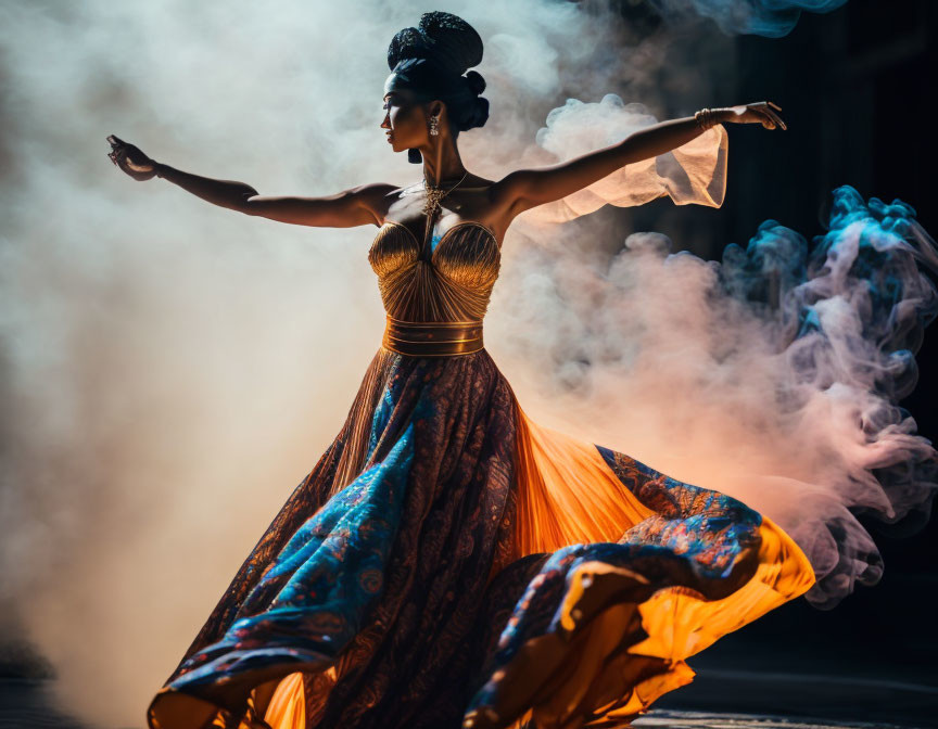 Elegant dancer in vibrant gown and ornate headdress poses in swirling smoke