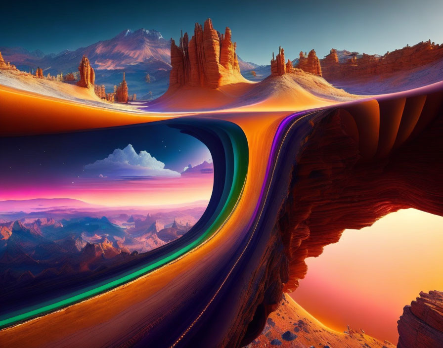 Colorful Digital Art Landscape with Surreal Scene and Futuristic Structure