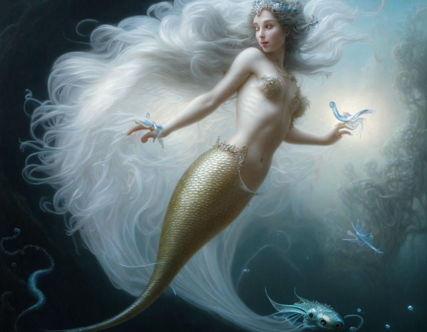 Mermaid with white hair and golden scales in underwater scene