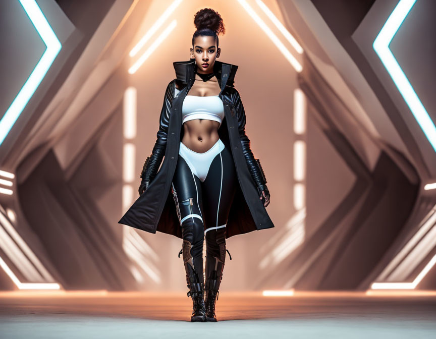 Confident woman in futuristic outfit against geometric background