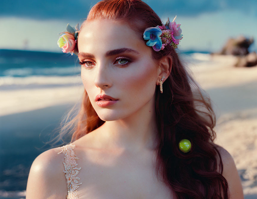 Woman with flowers in hair at sunset beach wearing embroidered dress