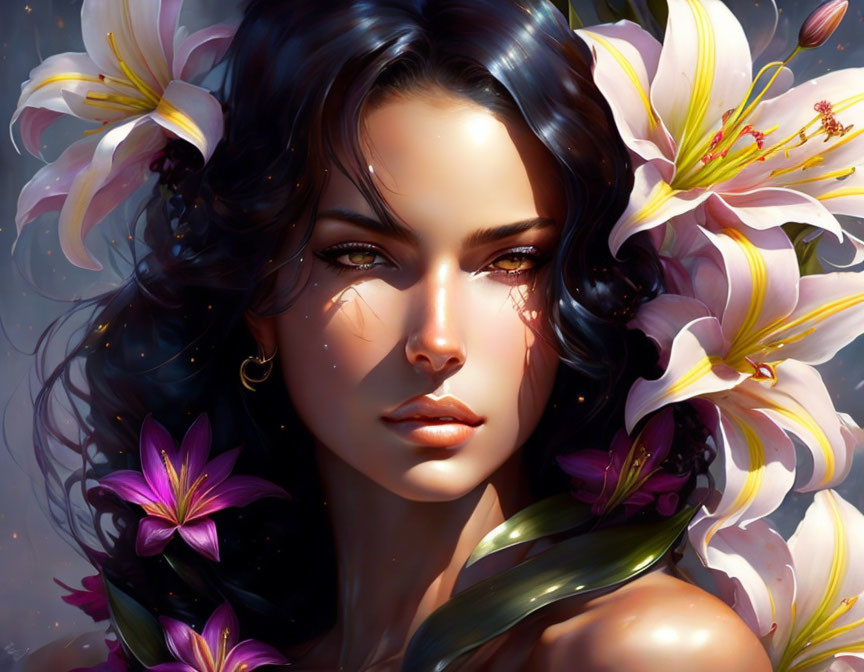 Dark-haired woman with captivating eyes and lilies in digital art.