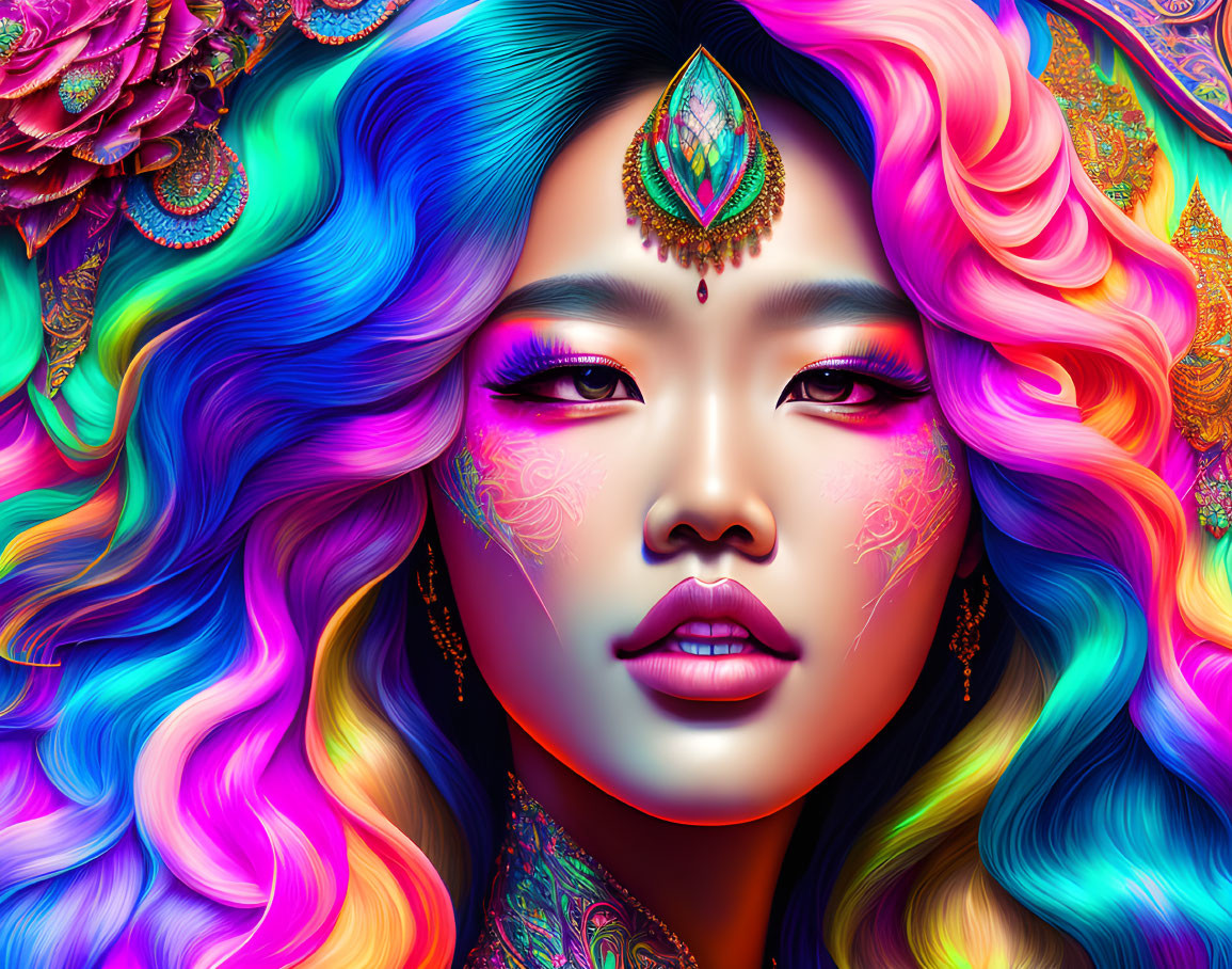 Colorful portrait of woman with flowing hair and forehead jewel