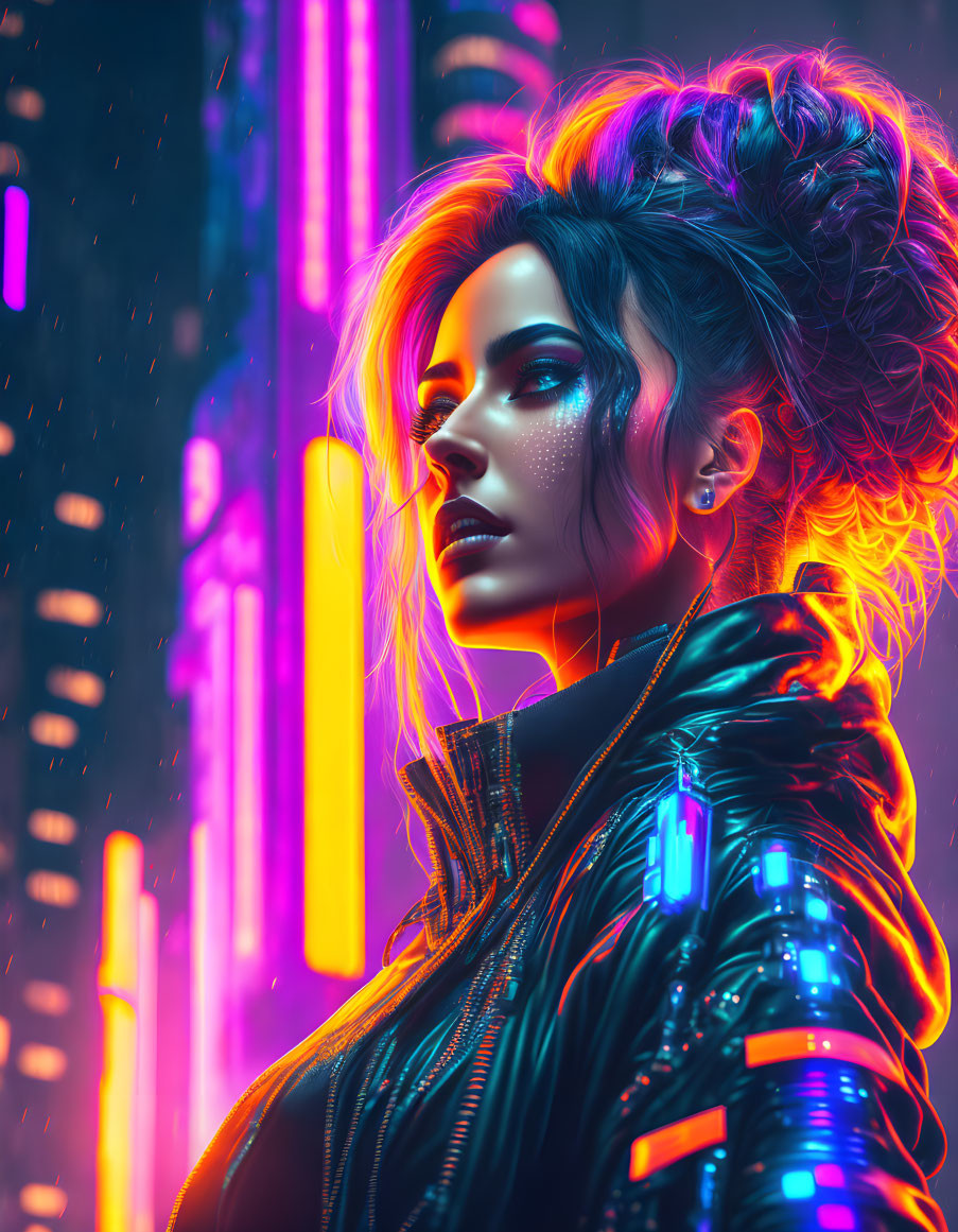 Futuristic digital artwork of woman with neon makeup in cyberpunk cityscape