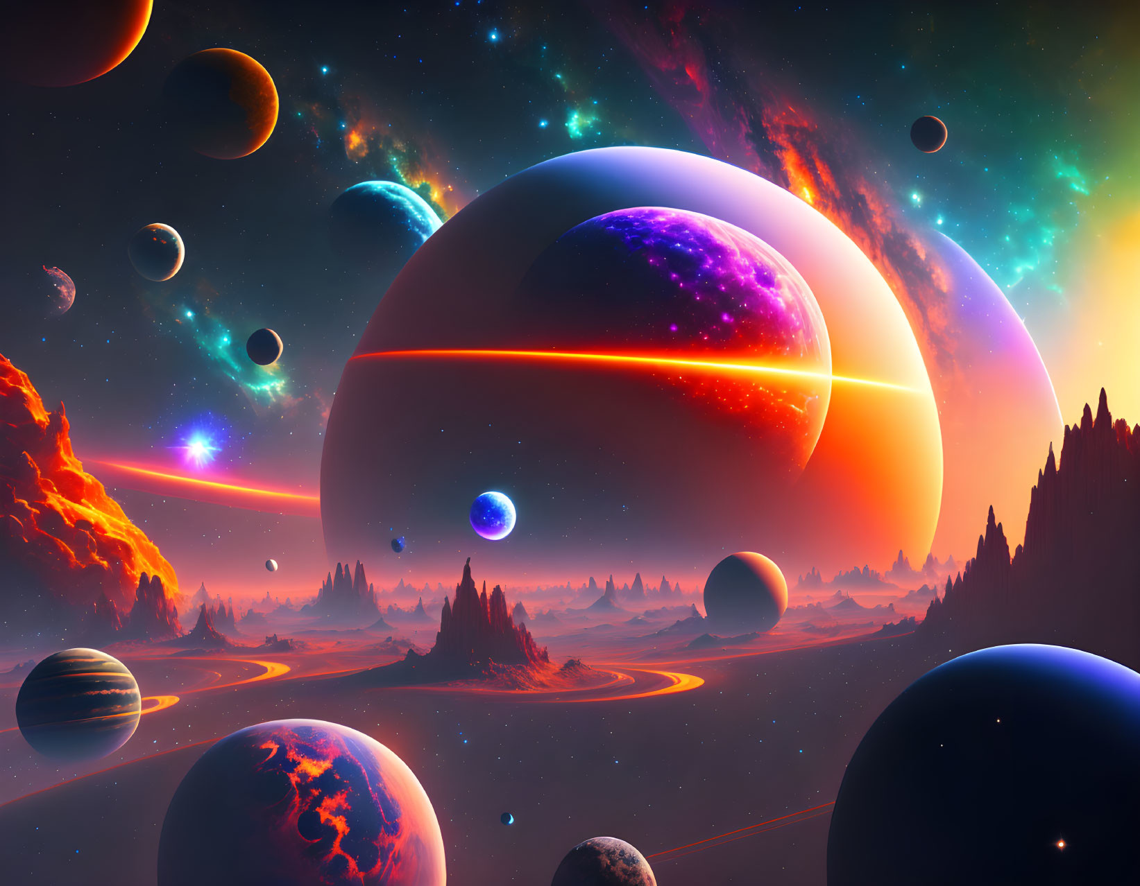 Colorful space scene with planets, nebula, mountains, and starlit sky