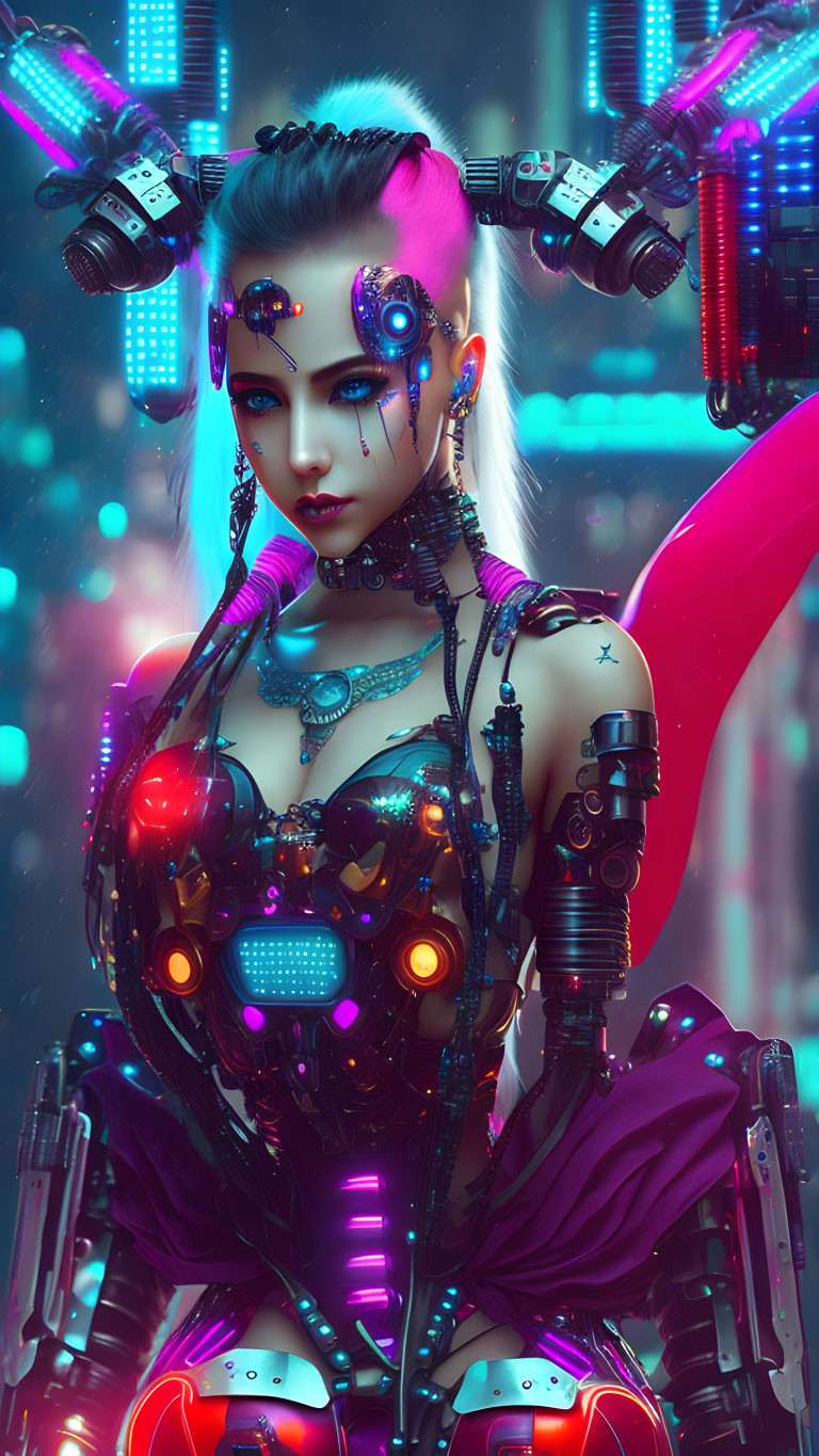 Futuristic Female Cyborg with Neon Accents in Techno-Lit Setting