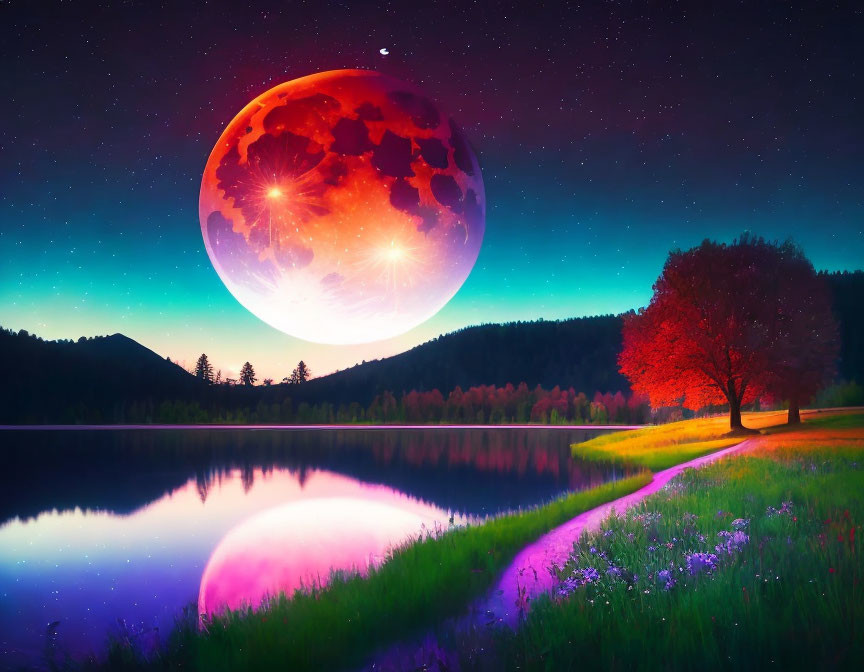 Detailed red moon dominates vibrant lakeside nightscape