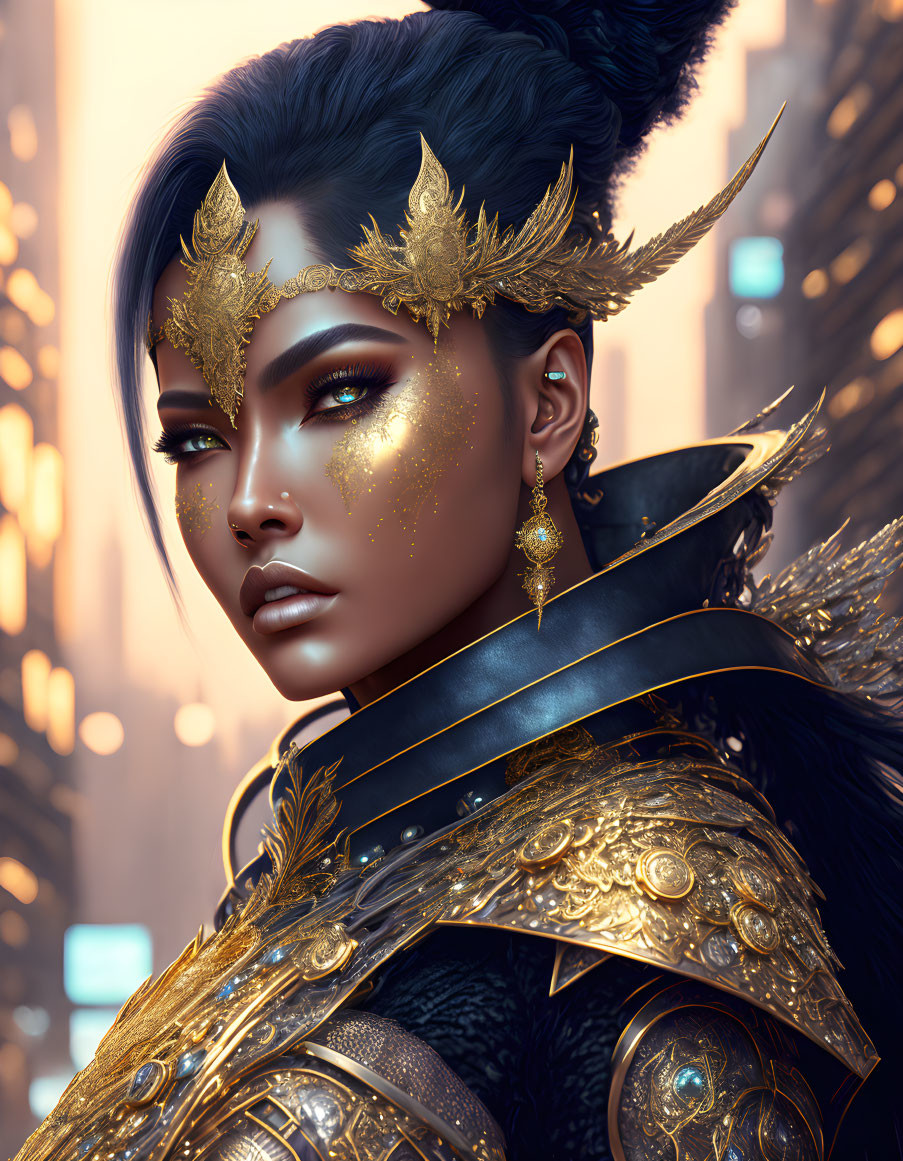 Digital Artwork: Woman with Golden Tattoos and Armor in Futuristic Cityscape