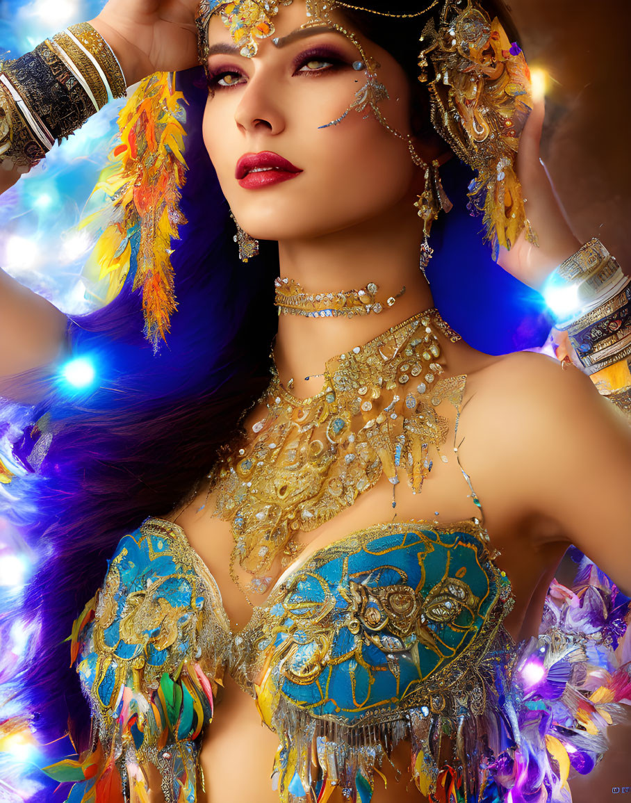 Intricate golden jewelry and colorful feather accessories on a woman with dramatic makeup and elaborate headpiece