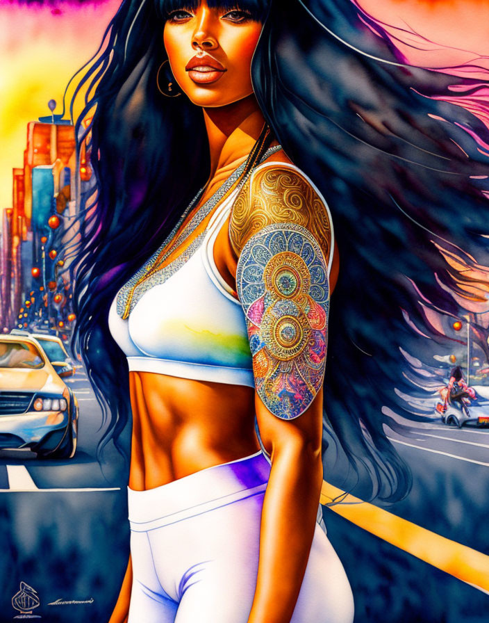 Colorful illustration of woman with flowing hair and arm tattoo in urban setting.