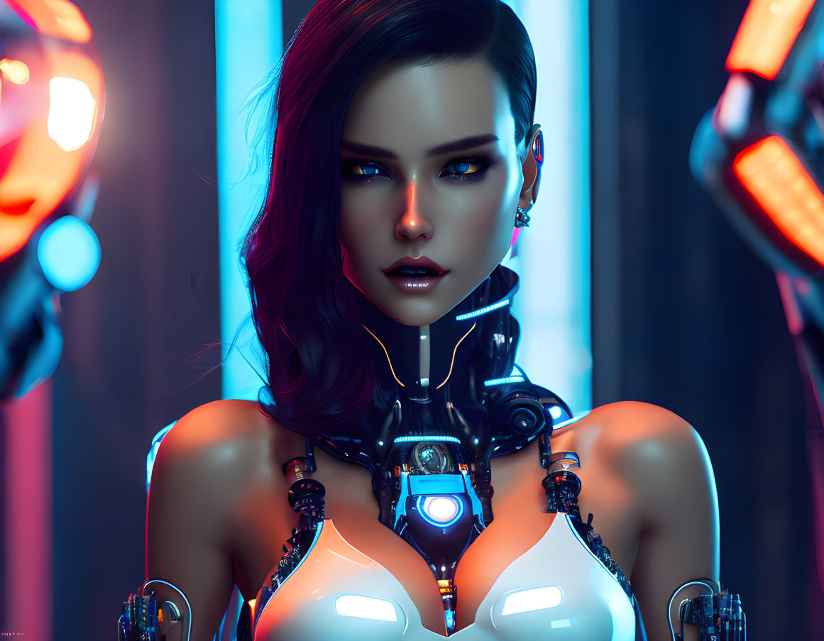 Female Cyborg Digital Artwork with Illuminated Blue Elements