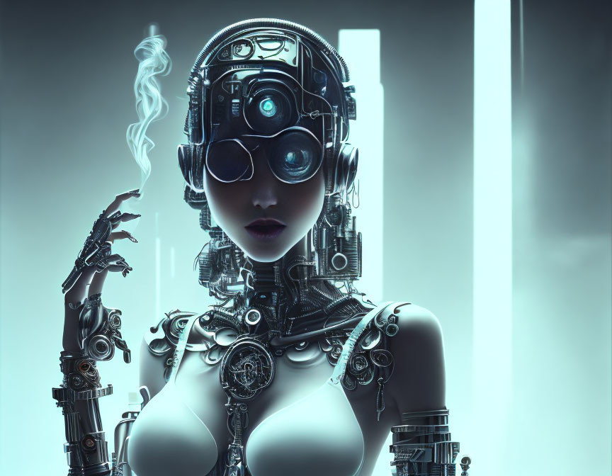 Female android with glowing eyes and mechanical parts.