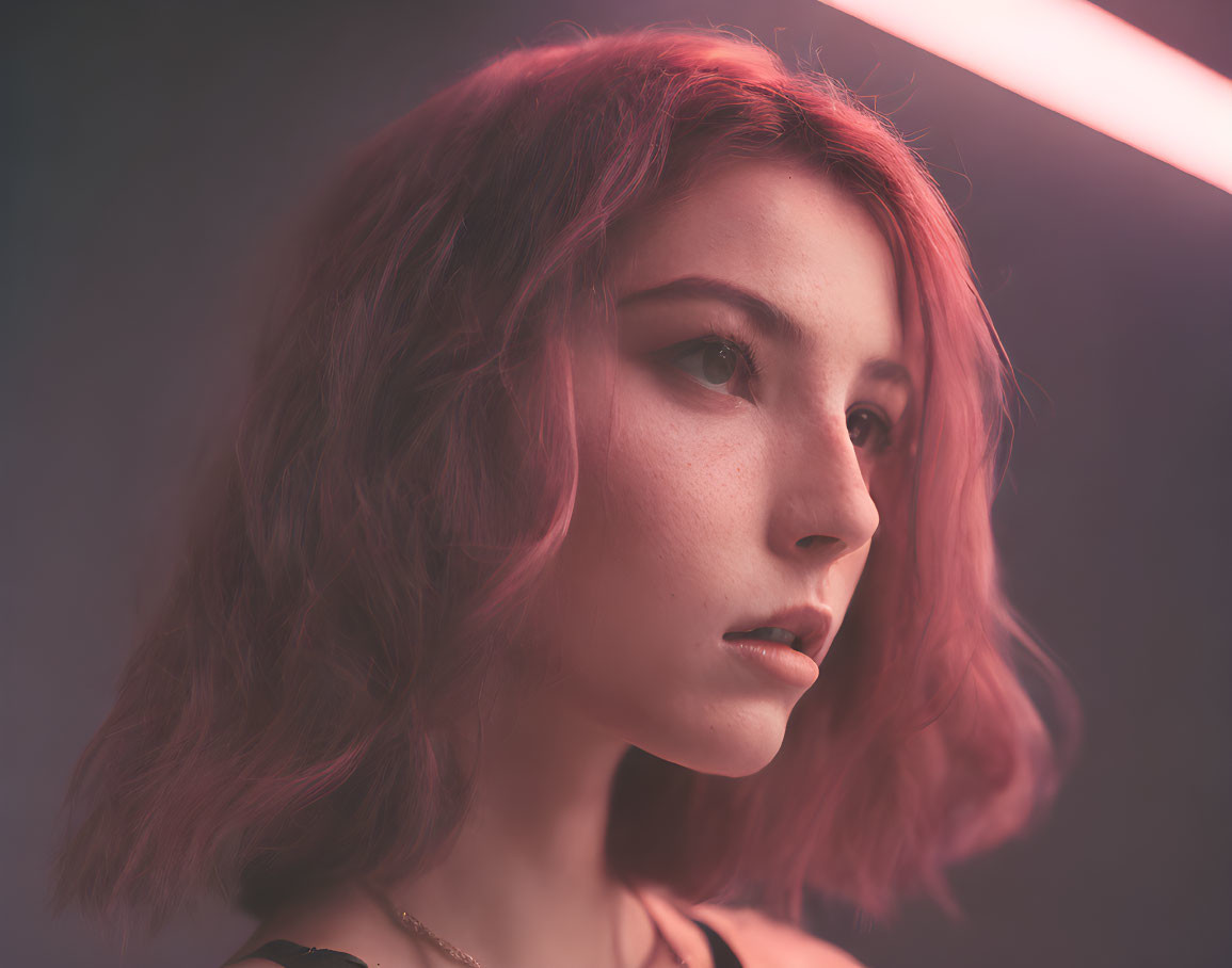 Reddish-Haired Woman in Pink Neon Light Creates Moody Portrait