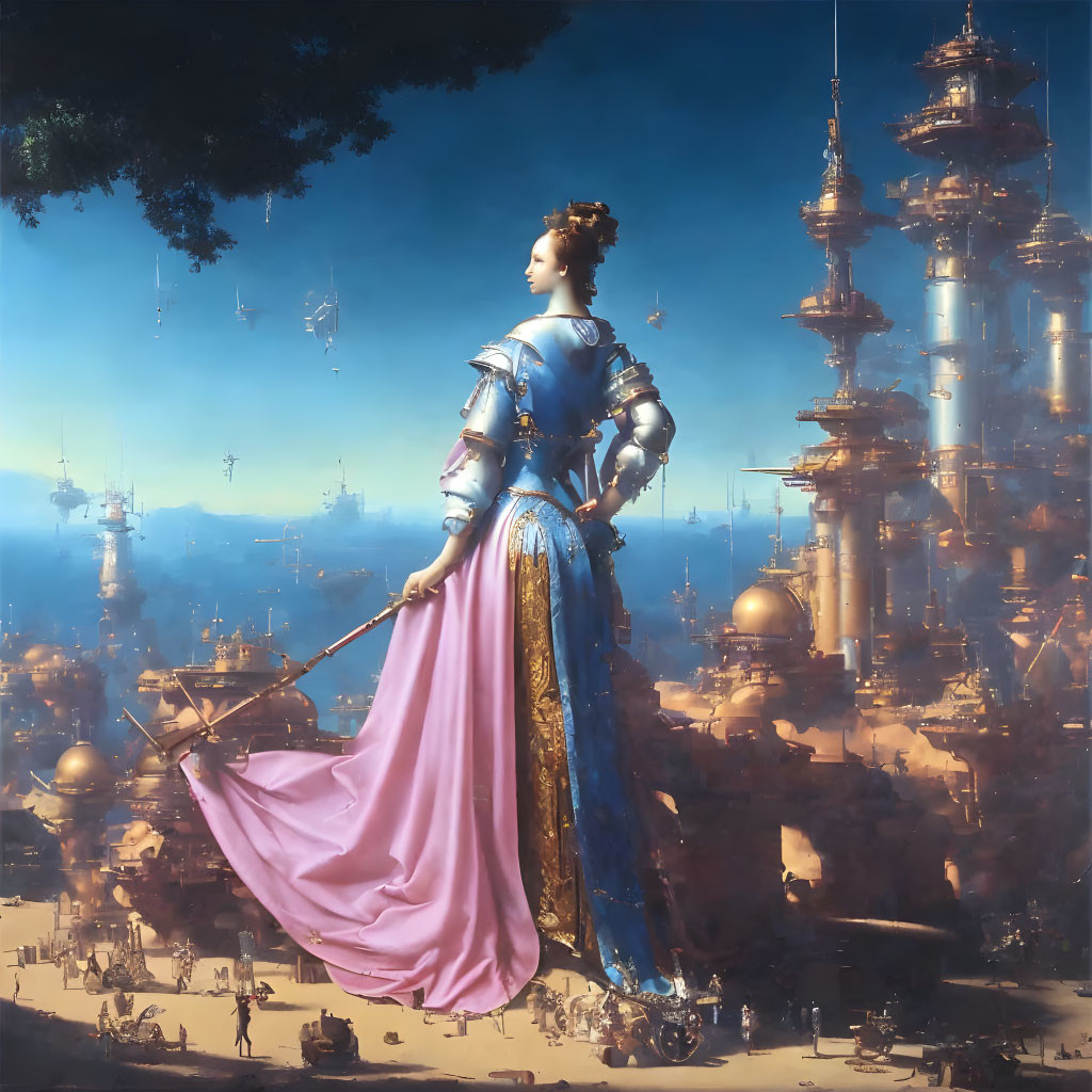 Regal woman in blue armor with pink skirt in fantastical cityscape