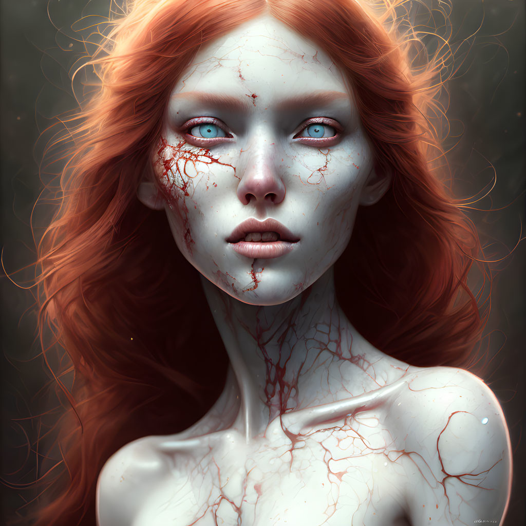 Digital Art: Woman with Blue Eyes, Red Hair, Porcelain Skin & Red Vein Patterns