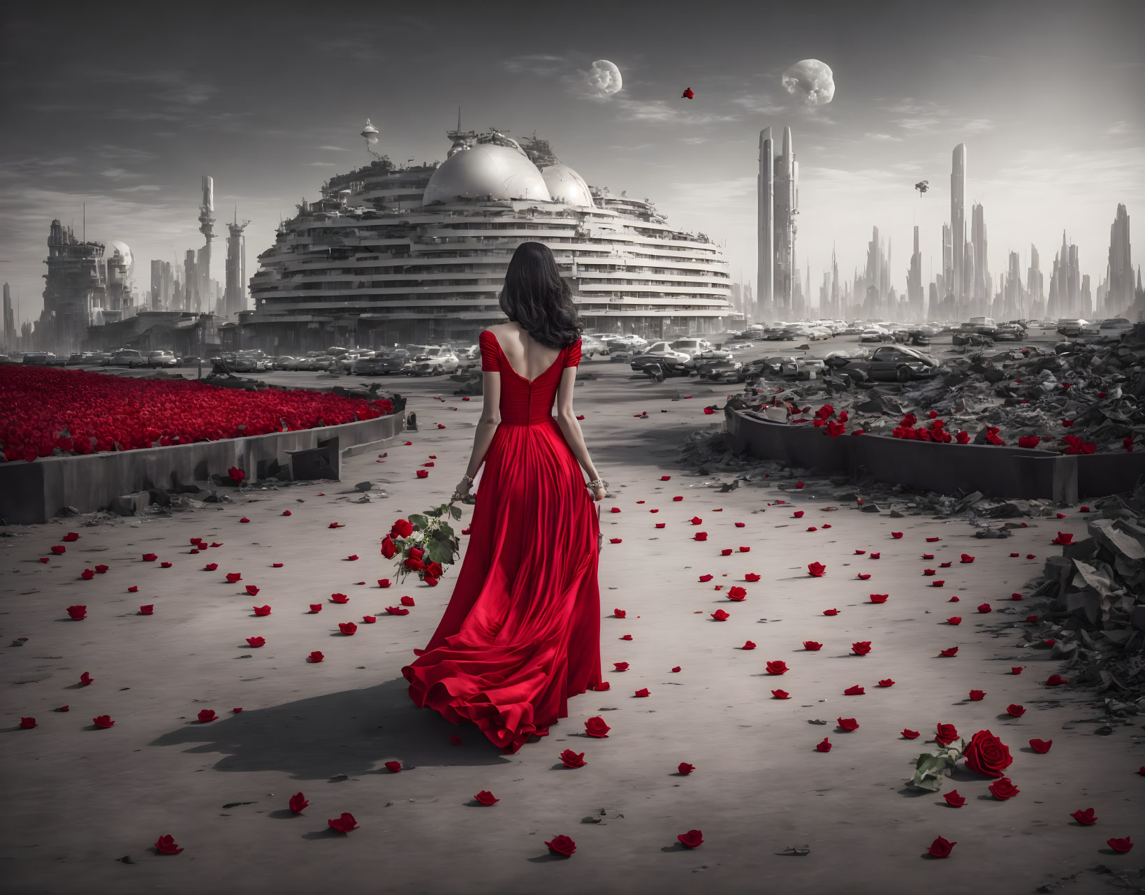 Woman in red dress amid roses gazes at futuristic cityscape