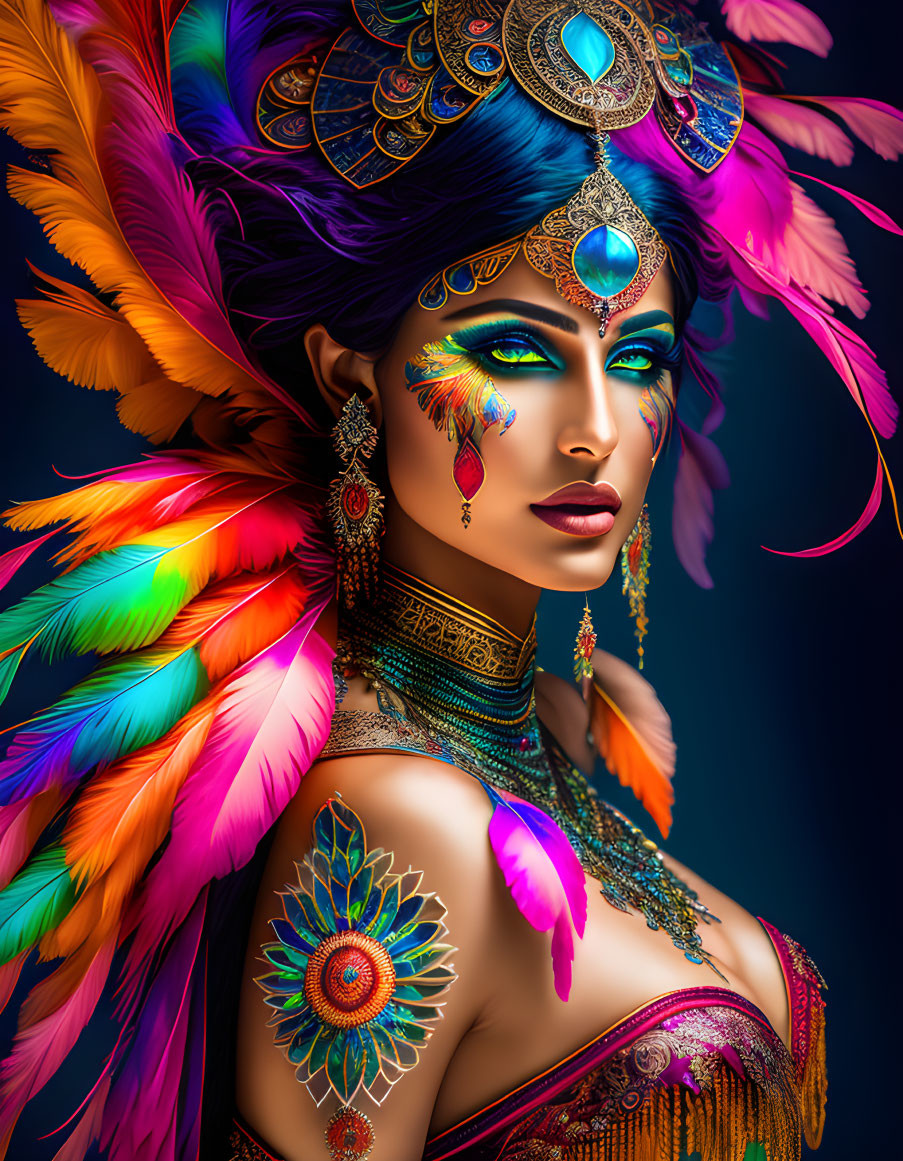 Colorful portrait of a woman with feather headdress and body art