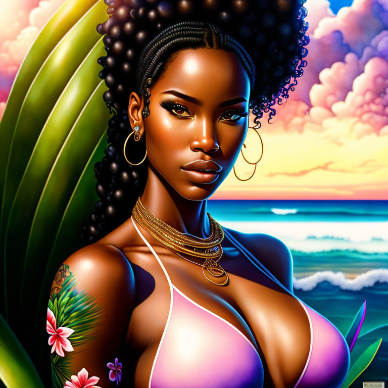 Dark-skinned woman with braided hair and gold jewelry in tropical sunset scene